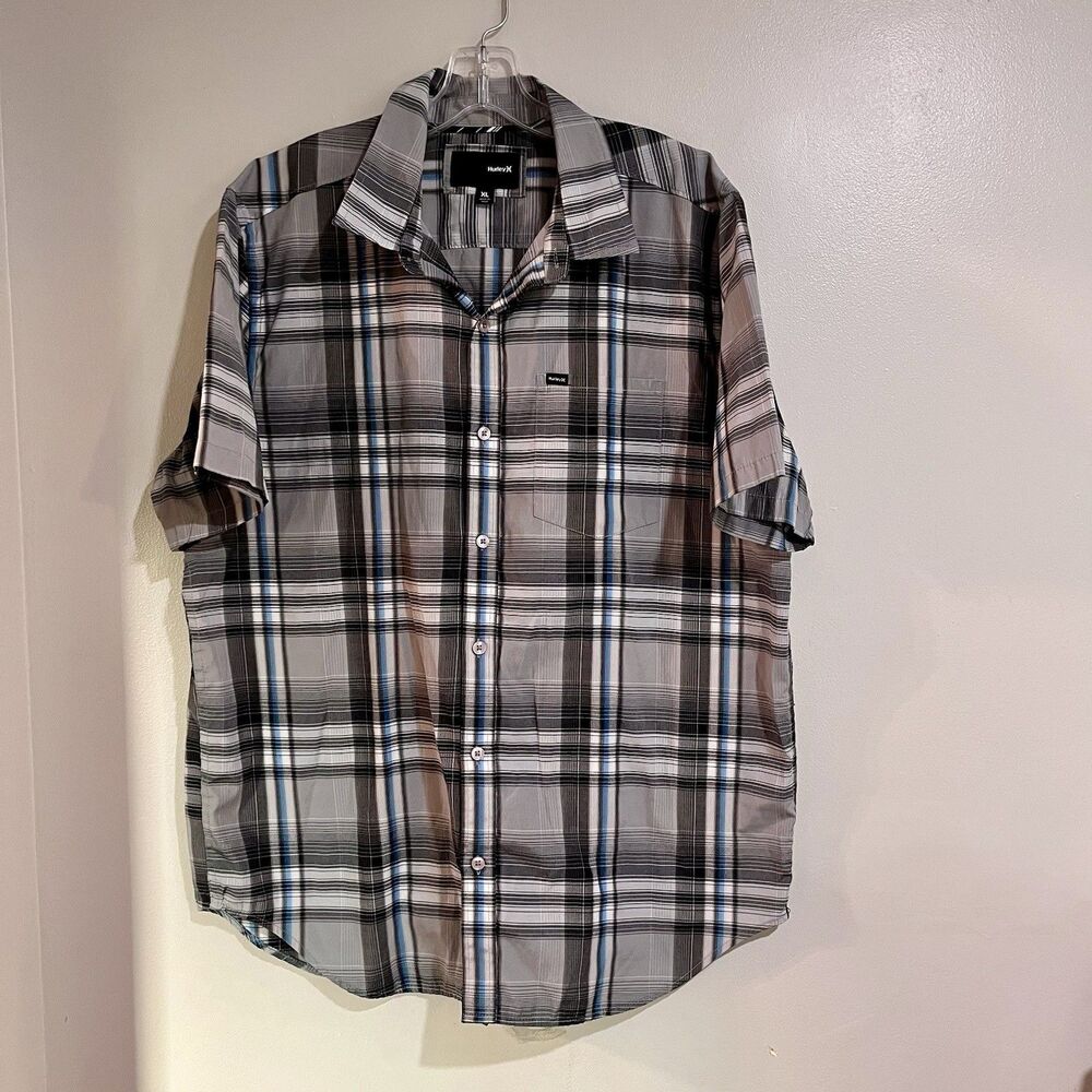 Hurley Mens Shirt Blue XL Short Sleeve Plaid Button Down Collared Casual Western